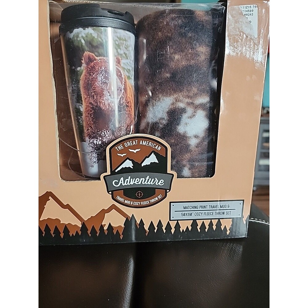 American Adventure Mug & Snug Set -Bear  Traveler Mug & Fleece Blanket Throw NIB